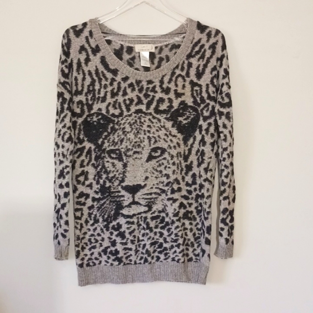 Lola's Cheetah Leopard Graphic Knit Angora Blend Sweater, Grey Black, Size S